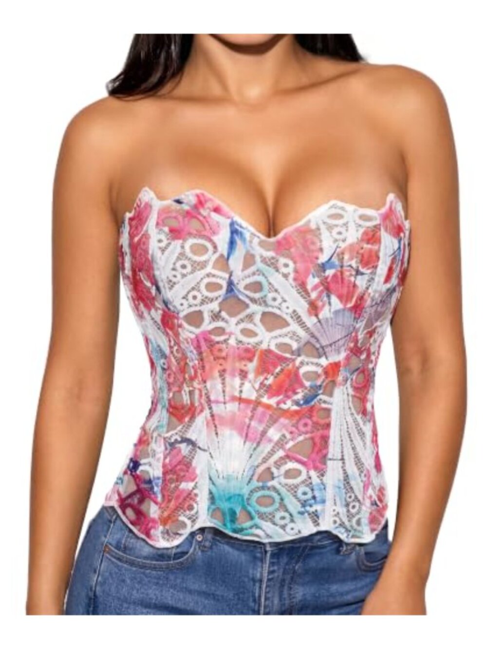 Lace Corset Top Off Shoulder Sheer Floral Bustier Sweetheart Neckline Adjustable
